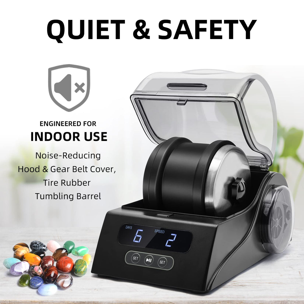 Tryes Rock Tumbler Kit Adults - Rock Polisher Tumbler with Noise Reduction Cover, Speed&Timer Control, Includes 4 Polishing Grits, Rough Gemstones, Tryes