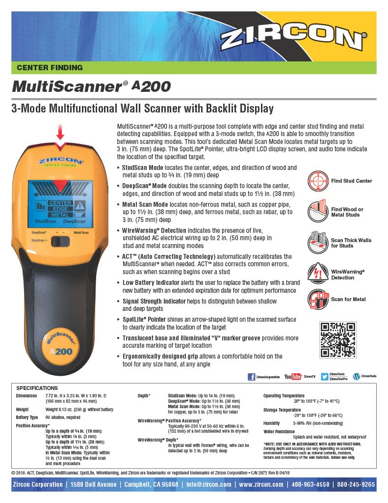 Zircon Multiscanner A200 Electronic Wall Scanner / Metal Detector/ Live AC Wire Detection With SpotLite Pointer Zircon