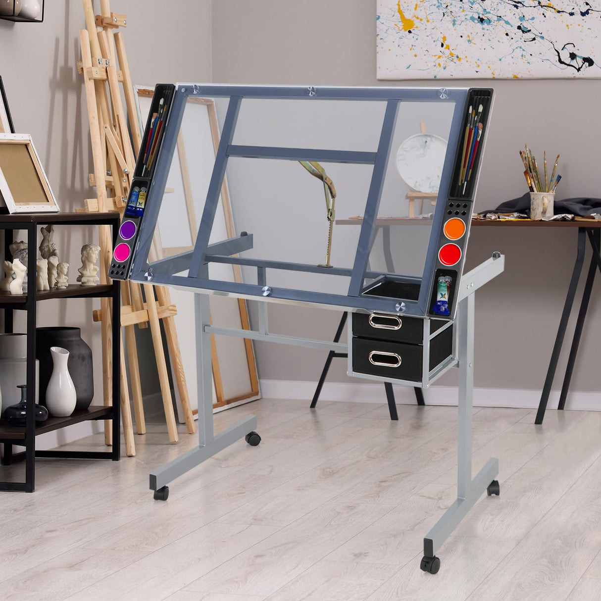 LEMY Drafting Table, Height Adjustable Artist Desk with Slide Storage Drawers and Wheels, Work/Art Station for Drawing, Writing, Home Office LEMY