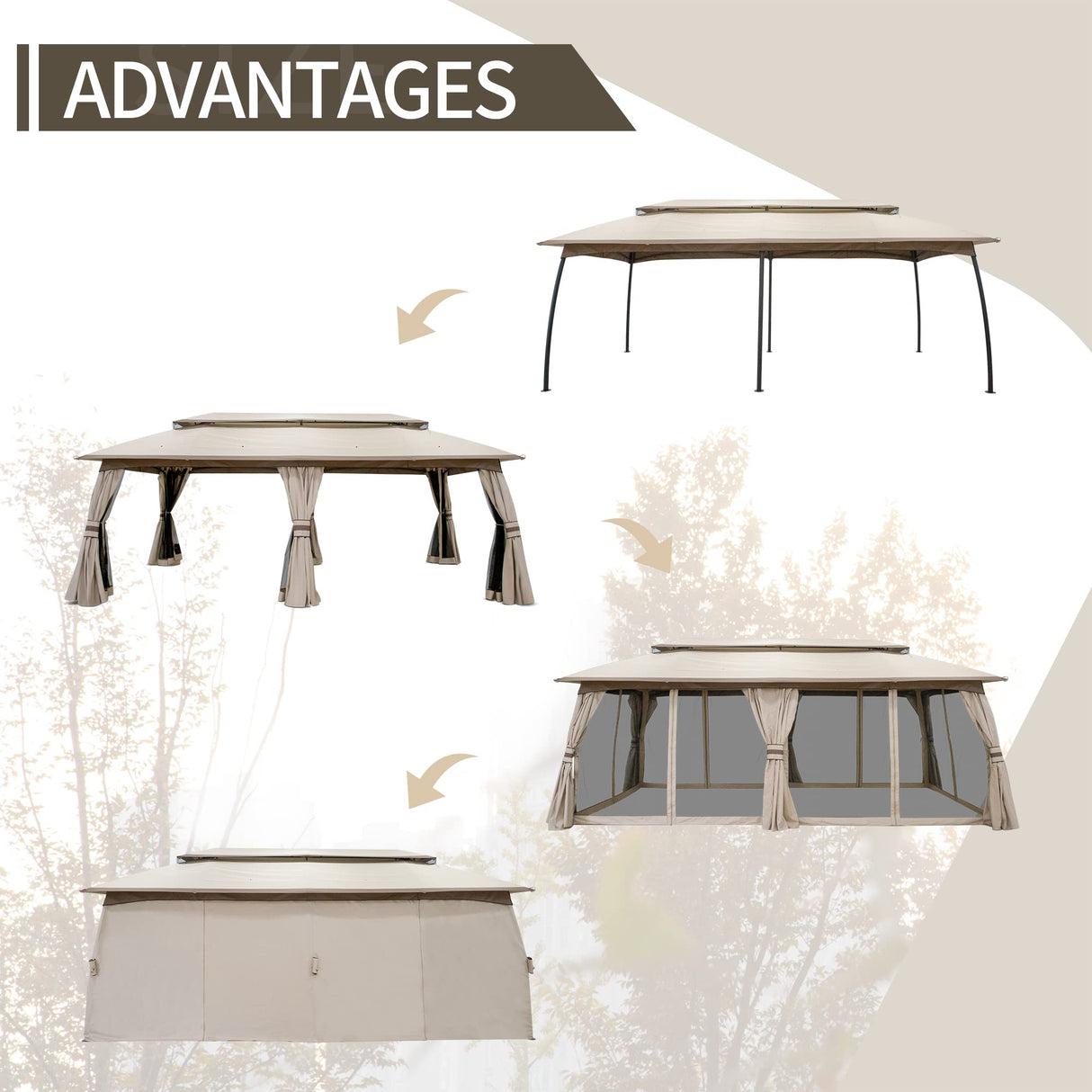 Joyside 10x20 ft Outdoor Gazebo, Double-Tier Roof Gazebo Tent with Curtains and Nettings, Patio Spacious Carport Gazebo with Metal Steel Frame Joyside