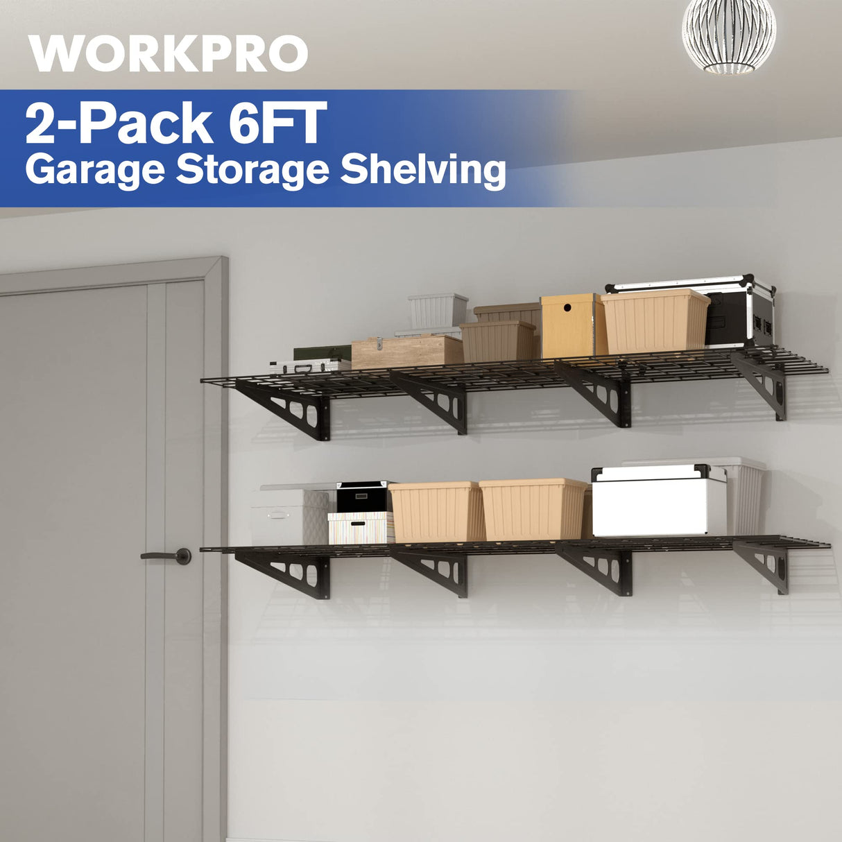 WORKPRO 2-Pack 2x6FT Garage Wall Shelving, 72” x 24” Heavy Duty Wall Mounted Shelving, 800lbs Load Capacity (Total), Metal Wall Shelves Suitable for WORKPRO