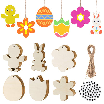 FEPITO 120Pcs Wood Easter Tags Unfinished Wooden Easter Ornaments Eggs Bunny Chick Tulip Cutouts Wooden Gift Tags with Strings for Kids DIY Easter