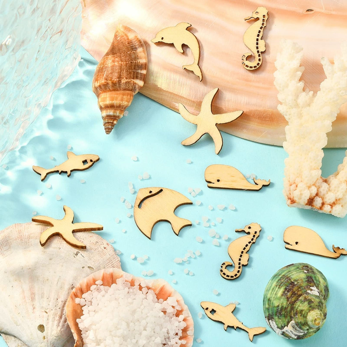 Stiesy 100 Pcs Assorted Sea Animal Theme Wood Cabochons Shark Agarfish Dolphin Seahorse Octopus Clownfish Unfinished Wooden Cutouts Slice Pieces Stiesy