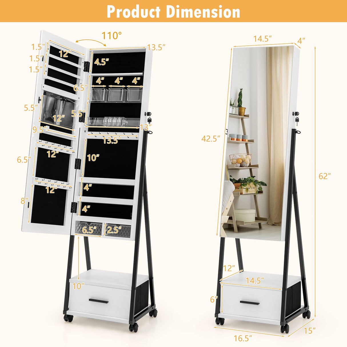 CHARMAID Rolling Jewelry Cabinet with Full Length Mirror, Lockable Standing Jewelry Armoire with Wheels, Steel Legs, Lipstick Brush Storage, Jewelry CHARMAID