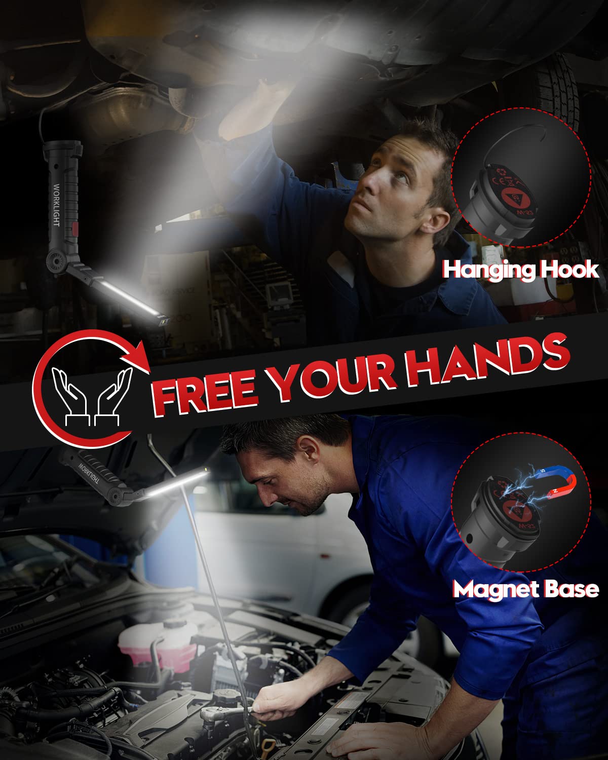 Coquimbo Tool Gifts for Men, Rechargeable LED Work Light Grill Light with Magnetic Base 5 Modes 360° Rotate (2Pack Black) Coquimbo