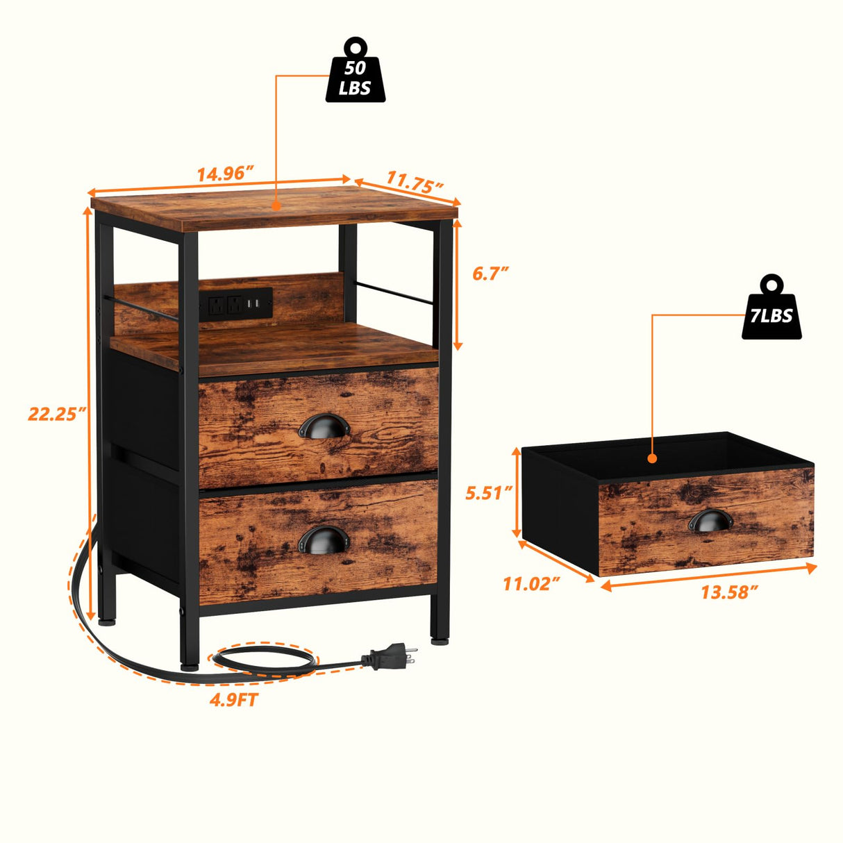 Furologee Nightstand Set of 2, Rustic Brown, with Charging Station and USB Ports, Side Tables with 2 Fabric Drawers, Bedside Tables with Storage Furologee