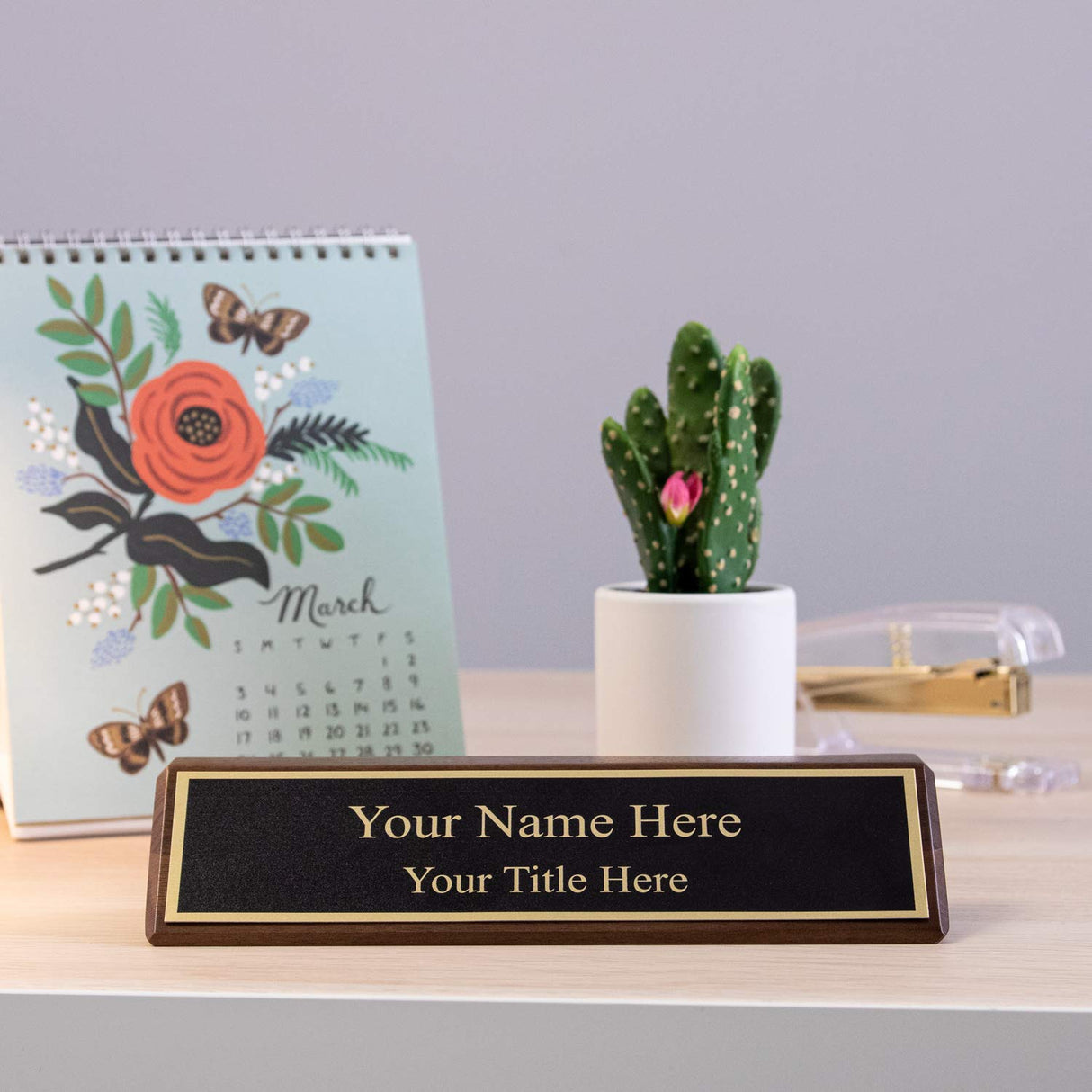 Personalized Walnut Wood Business Desk Black Name Plate with Gold Letters - 2" x 8" ExcelMark