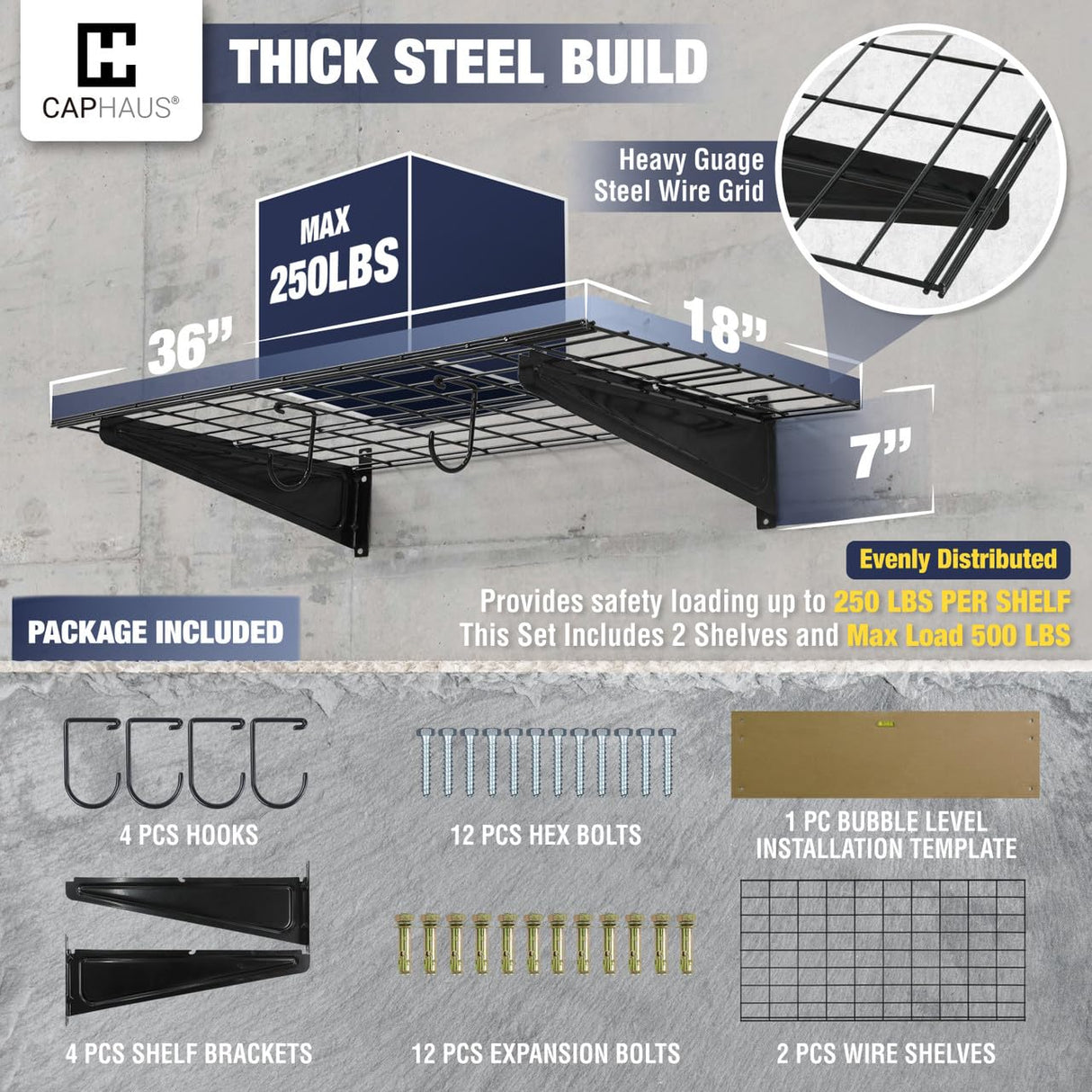 CAPHAUS Garage Wall Shelving, 36 in. W x 18 in. D Wall Mounted Garage Shelves w/ 2 Bike Hooks, Heavy Duty Organizer Shelf for Garage Storage System, CAPHAUS