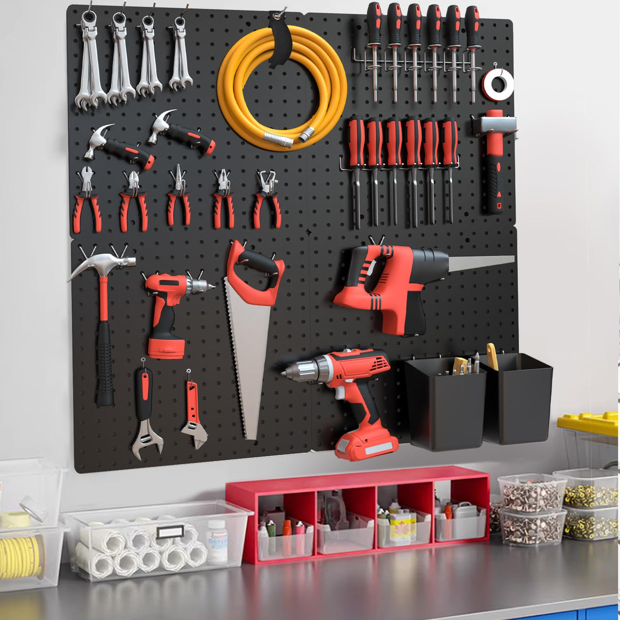 FZK Peg Board,Pegboard 32"*32",Pegboard Wall Organizer with Strong Ribs Back Holds up for 200Ib, Black Pegboard 4pcs,Peg Boards for Walls for Garage FZK