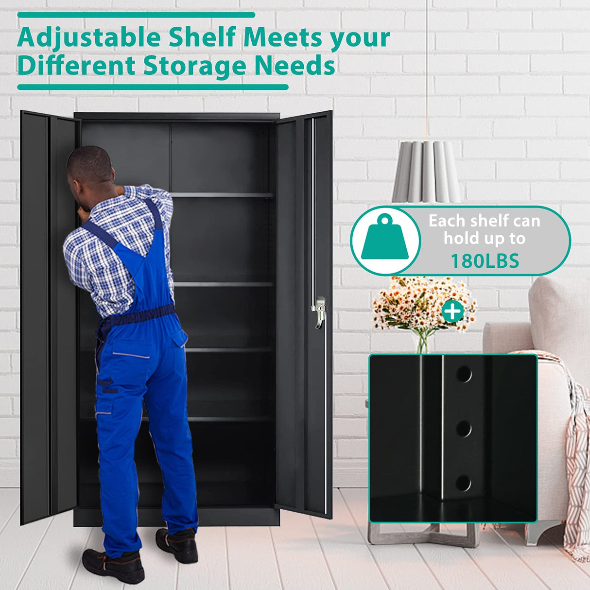 INTERGREAT Black Metal Storage Cabinet Doors, 72" Locking Steel Storage Cabinet with Shelves, Tall Metal Cabinet Lockable Steel Cabinets for Home INTERGREAT