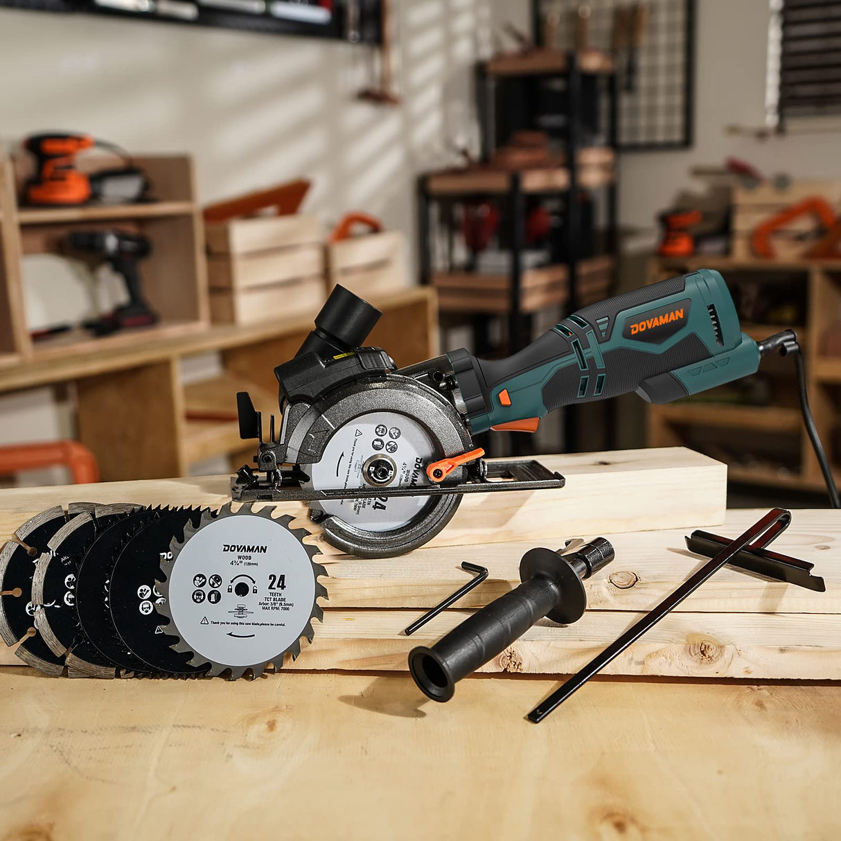 DOVAMAN Circular Saw, 5.8A 4-1/2" Circular Saw w/Laser, Metal Auxiliary Handle, 6 Saw Blades (4½", 4¾"), Cutting Depth 1-11/16" (90°), 1-3/8" (45°), DOVAMAN