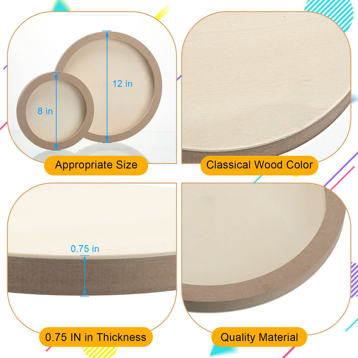 Geelin 6 Pcs Round Wood Canvas Panels for Painting 8 Inch/12 Inch Circle Unfinished Wood Panels Round Cradled Wooden Board Wood Tray for Oil Pouring Geelin