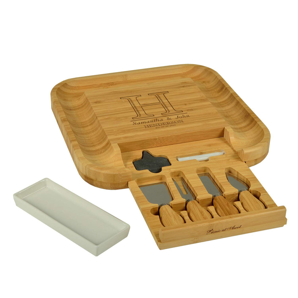 Custom Personalized Engraved Bamboo Cutting Board for Cheese & Charcuterie with Ceramic Dish, Knife Set & Cheese Markers -by Picnic at Ascot USA Picnic at Ascot