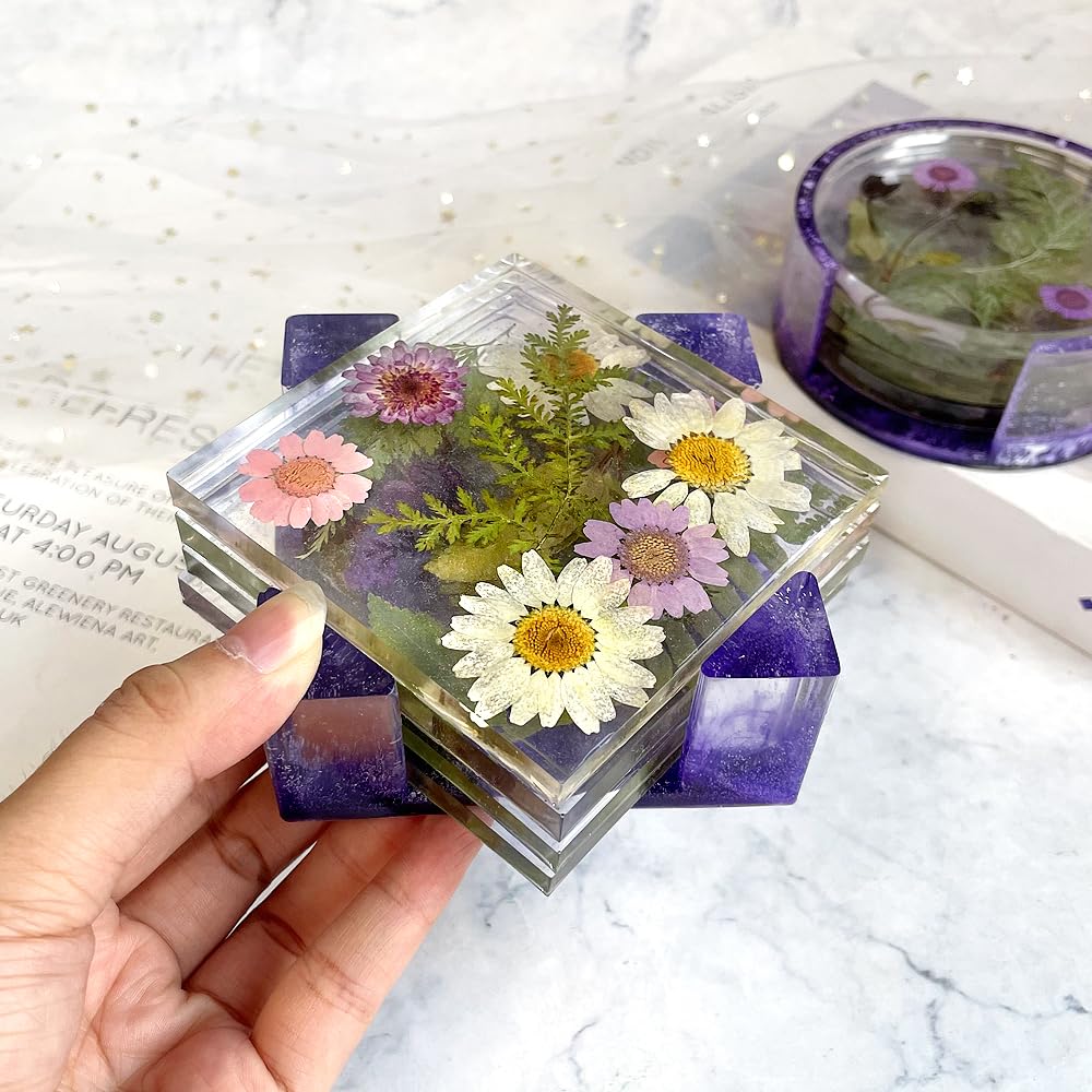 RESINWORLD Resin Tray Mold, 1Pc Thick Rectangle Tray Mold with 4 Pack Square Coaster Molds + Upgrade 10 pcs Silicone Coaster Molds Kit Storage Box ResinWorld