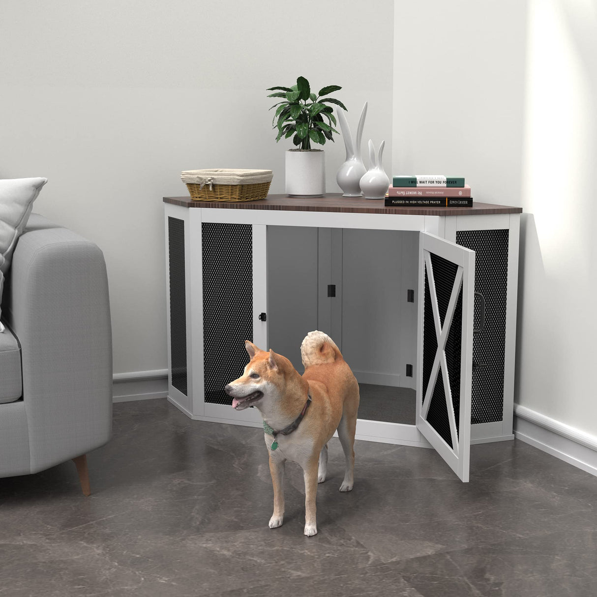 Xilingol Corner Crate Furniture, Wooden Kennel Side End Table, Cage / House for Small Medium Large Dog, Pet Crate Indoor Use Xilingol