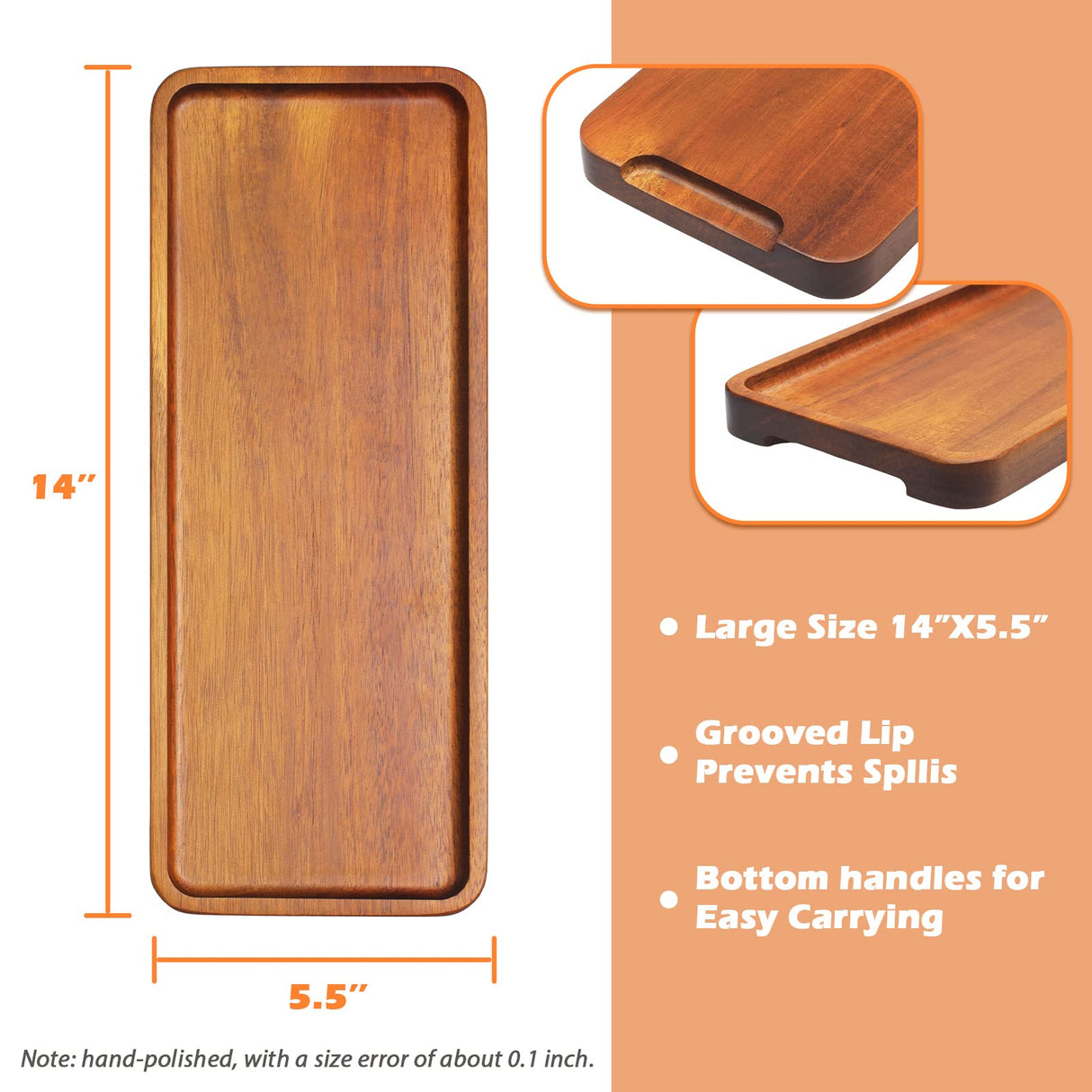 HOMKULA Solid Acacia Wood Serving Tray - 6 Pack, 14" x 5.5" Rectangular Wooden Serving Platter, Wood Boards for Food, Mini Cheese Board for HOMKULA