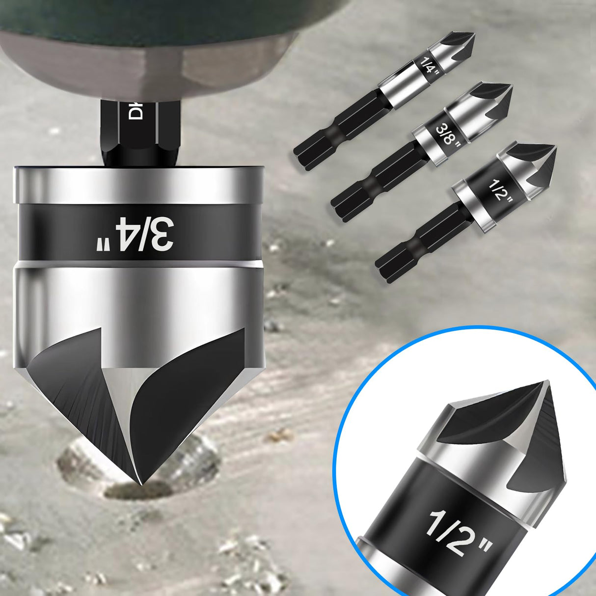 5 Pcs Countersink Drill Bit Set, Industrial Grade M2 High-Speed Steel, 82 Degree, 5 Flute with 1/4” Quick Change Hex Shank, 1/4" to 3/4" Size for DECKRKAT