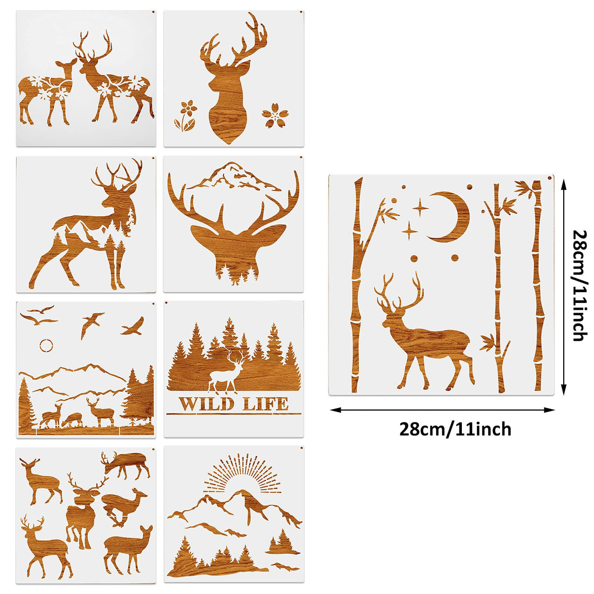 9 Pieces Forest Deer Mountain Stencils Moon Bamboo Pattern Stencils Animal Flower Reusable Templates Forest Theme DIY Stencils with Metal Open Ring Tenare