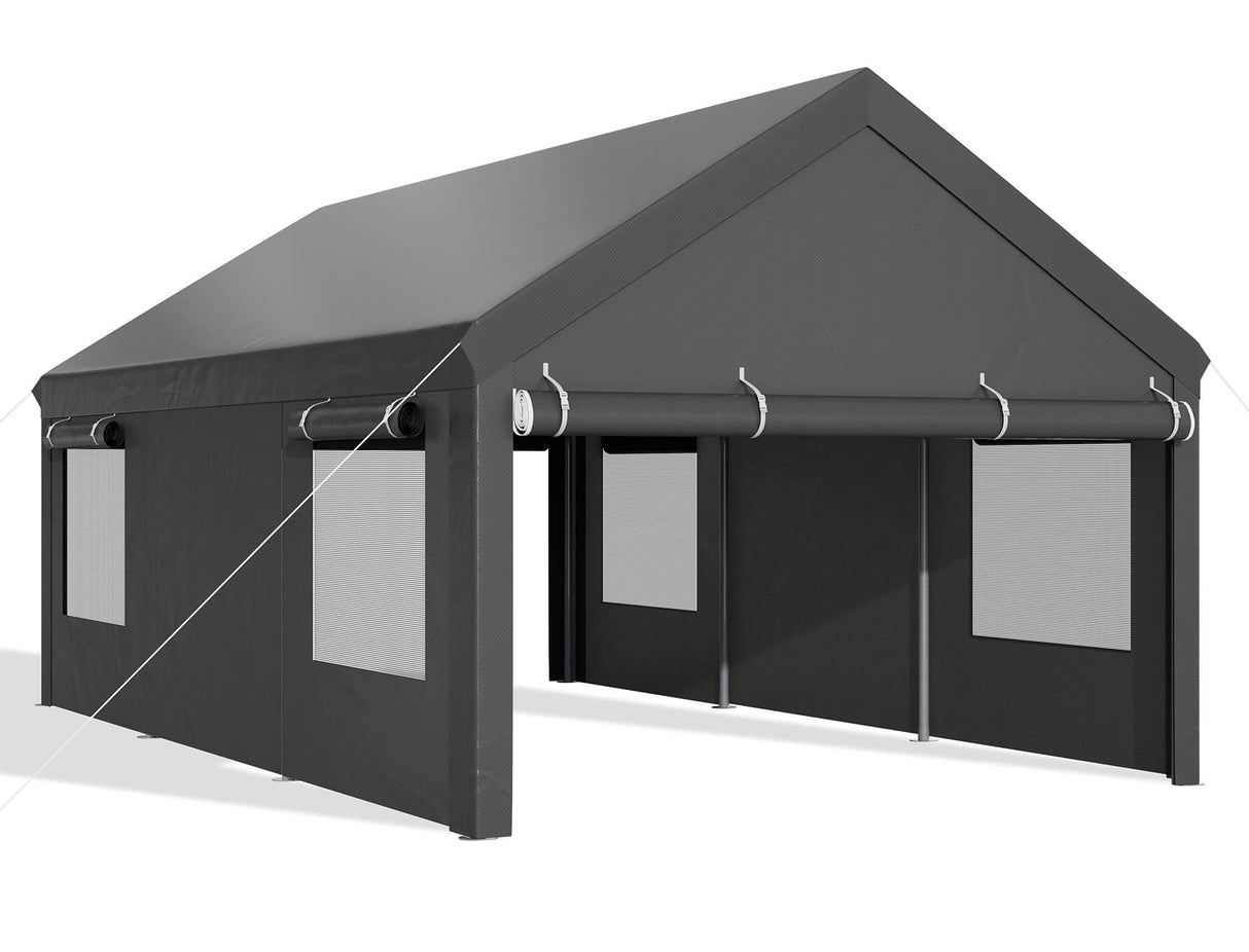 JAMFLY Carport, 12x20 Heavy Duty Carport Canopy with Roll-up Windows, Portable Garage with Removable Sidewalls & Doors, Car Canopy with All-Season JAMFLY
