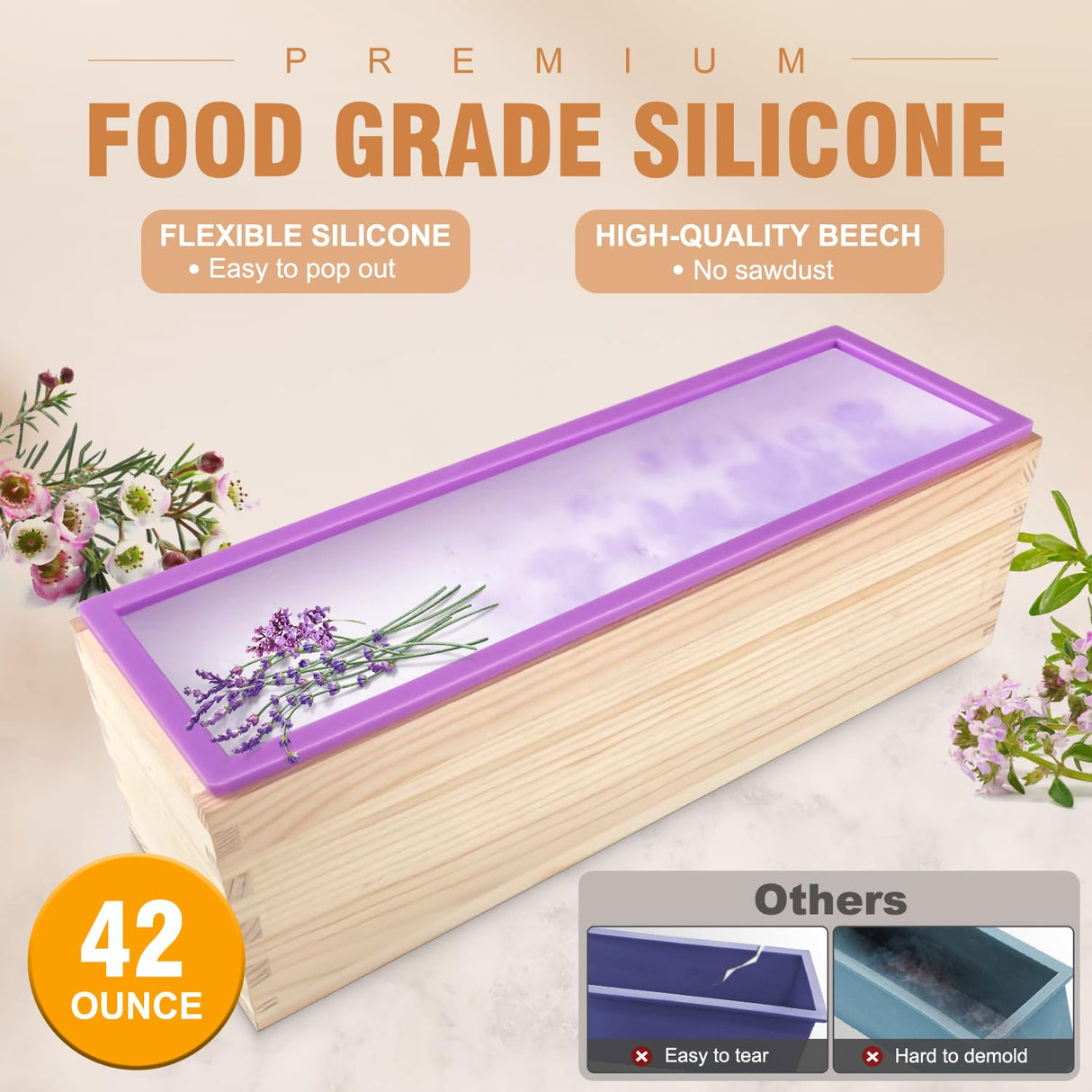 Walfos Soap Mold for soap Making, Soap Making kit - 42 oz Silicone Loaf soap Mold Set with Rectangular Wood Box & Bamboo Cutter Measuring Box, 2 Walfos