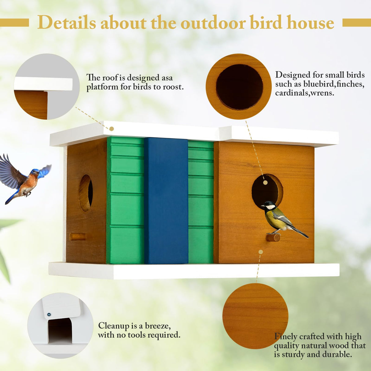 Bird House Wooden Birdhouse with 2 Holes - Bird House for Outside Ideal for Bluebird,Finch, Cardinals and Garden Wild Birds - Outdoor Hanging Bird NATUREYLWL
