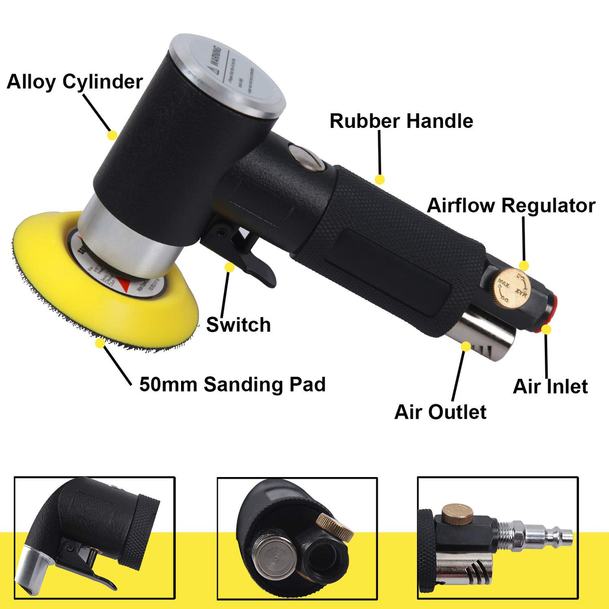 2" and 3" Random Orbital Air Mini Sander, Pneumatic Sander for auto sanding tools, 15,000 RPM Air angle sander, Pneumatic angle sander,Dual Action YELWAY