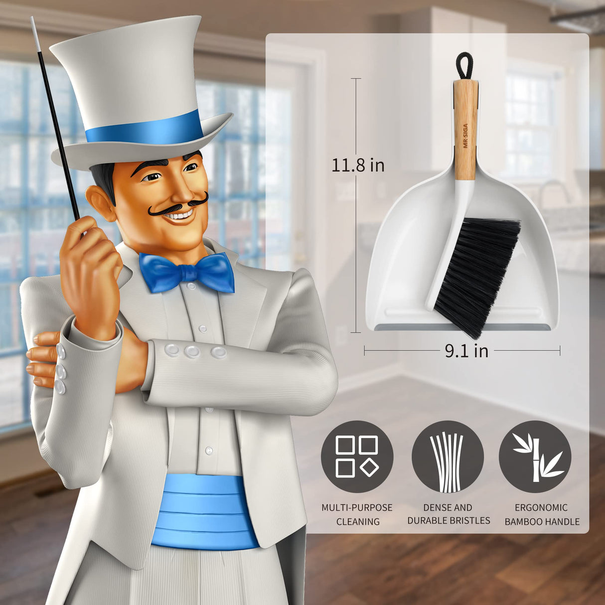 MR.SIGA Dustpan and Brush Set, Portable Cleaning Brush and Dustpan Combo with Bamboo Handle, 1 Set MR.SIGA