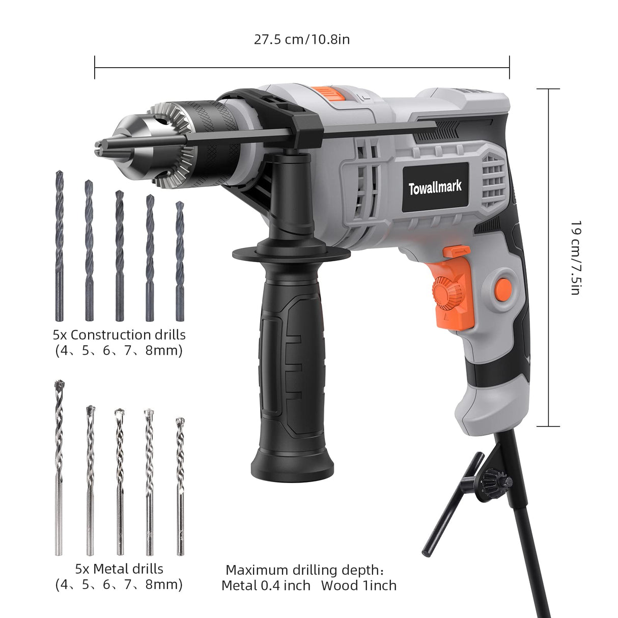 7-Amp Hammer Drill, Towallmark 1/2-Inch Electric Hammer Drill with 3000RPM, Variable Speed, 10 Drill Bits for Home Improvement, DIY, Masonry, Wood Towallmark