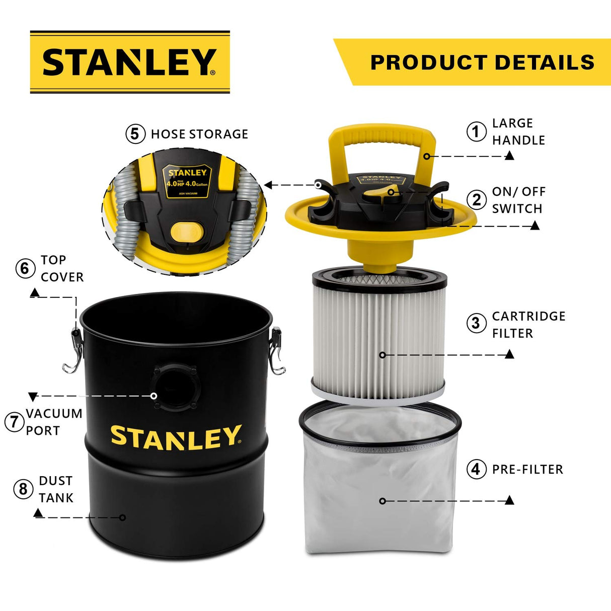 Stanley Ash Vacuum 4Gallon 4HP SL-18184, 4 Gallon, Black & Yellow Stanley