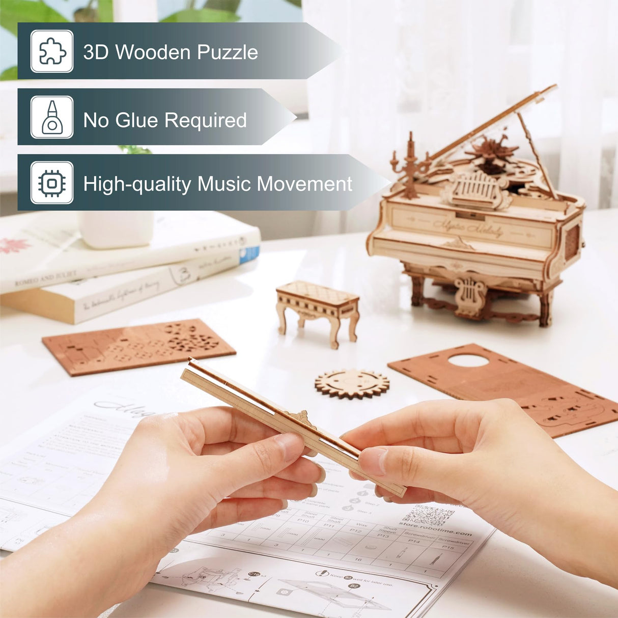 ROKR 3D Wooden Piano Model Kit - 1:20 Scale Music Box with Self-Playing Keys (223 pcs) ROKR