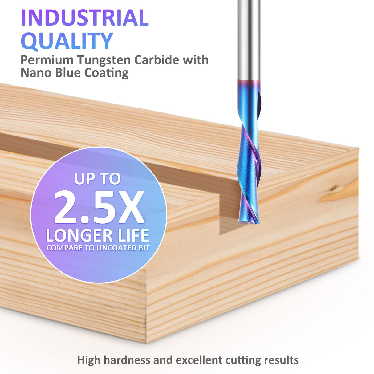 HQMaster 5 Pcs Spiral CNC Router Bits Set Down Cut 1/4” Shank Solid Carbide Spiral Downcut CNC Bits with Nano Blue Coating End Mill for Wood Cut HQMaster