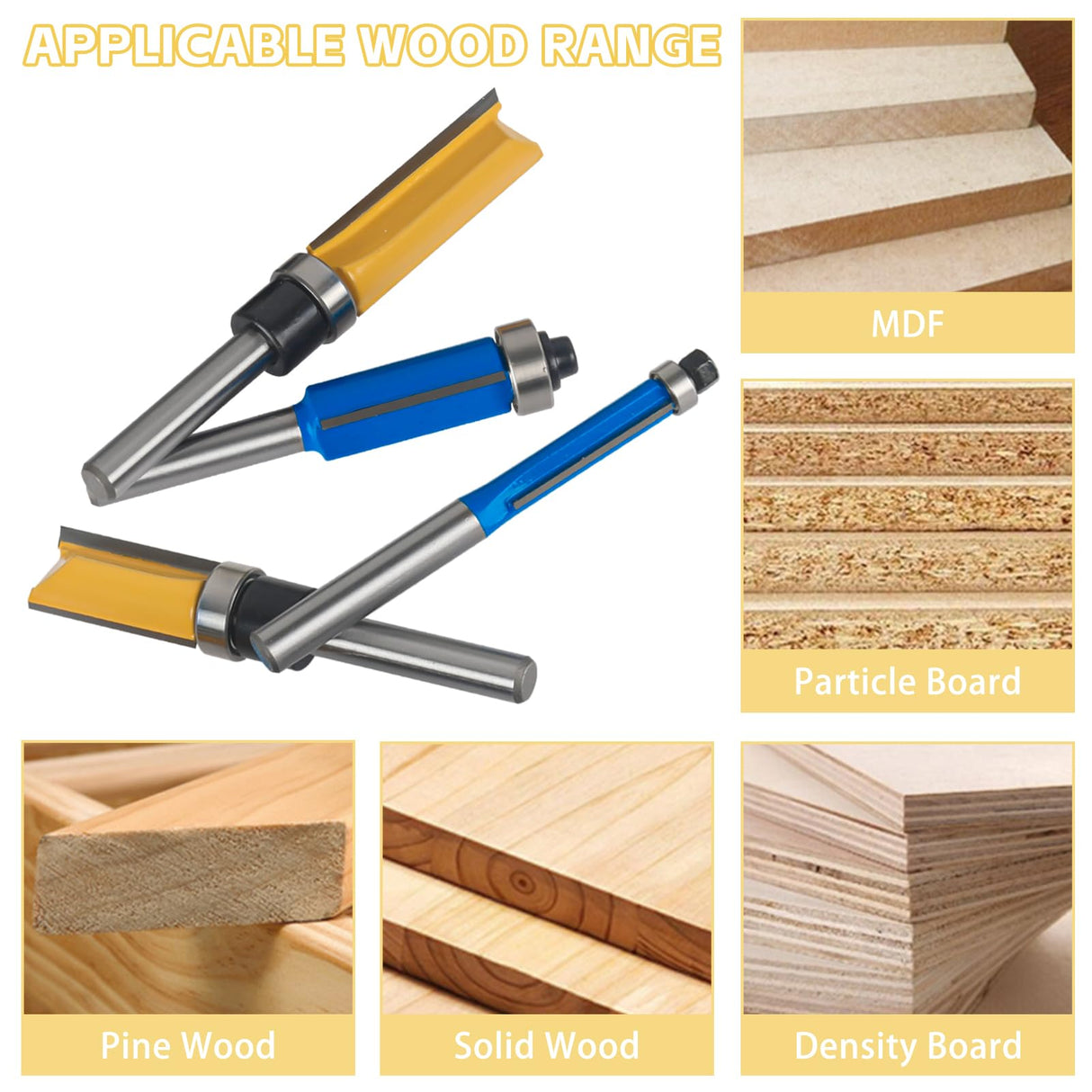 AzReference 16 PCS Flush Trim Router Bit Set, 1/4 Inch Shank, Carbide Bits with Top Bearing for Woodworking, 1/2" Cutting Diameter, Tear-Out AzReference