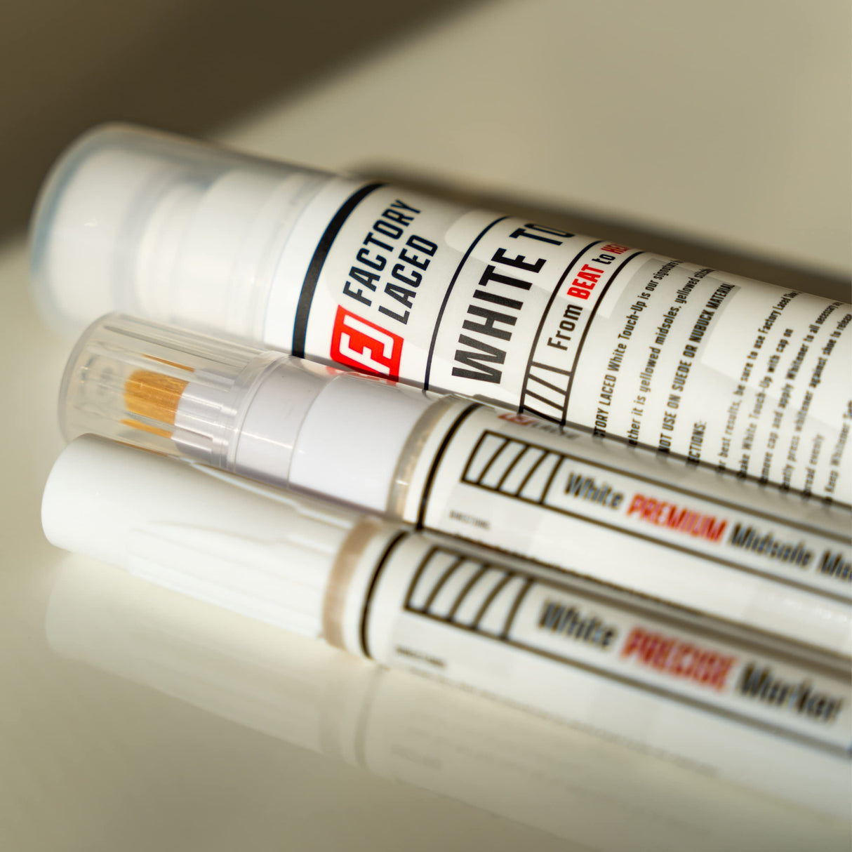 FACTORY LACED Shoe Whitener Bundle - White Shoe Cleaner Includes: White Touch Up, Premium Midsole Marker and Precise White Marker - Safe on Leather, FACTORY LACED