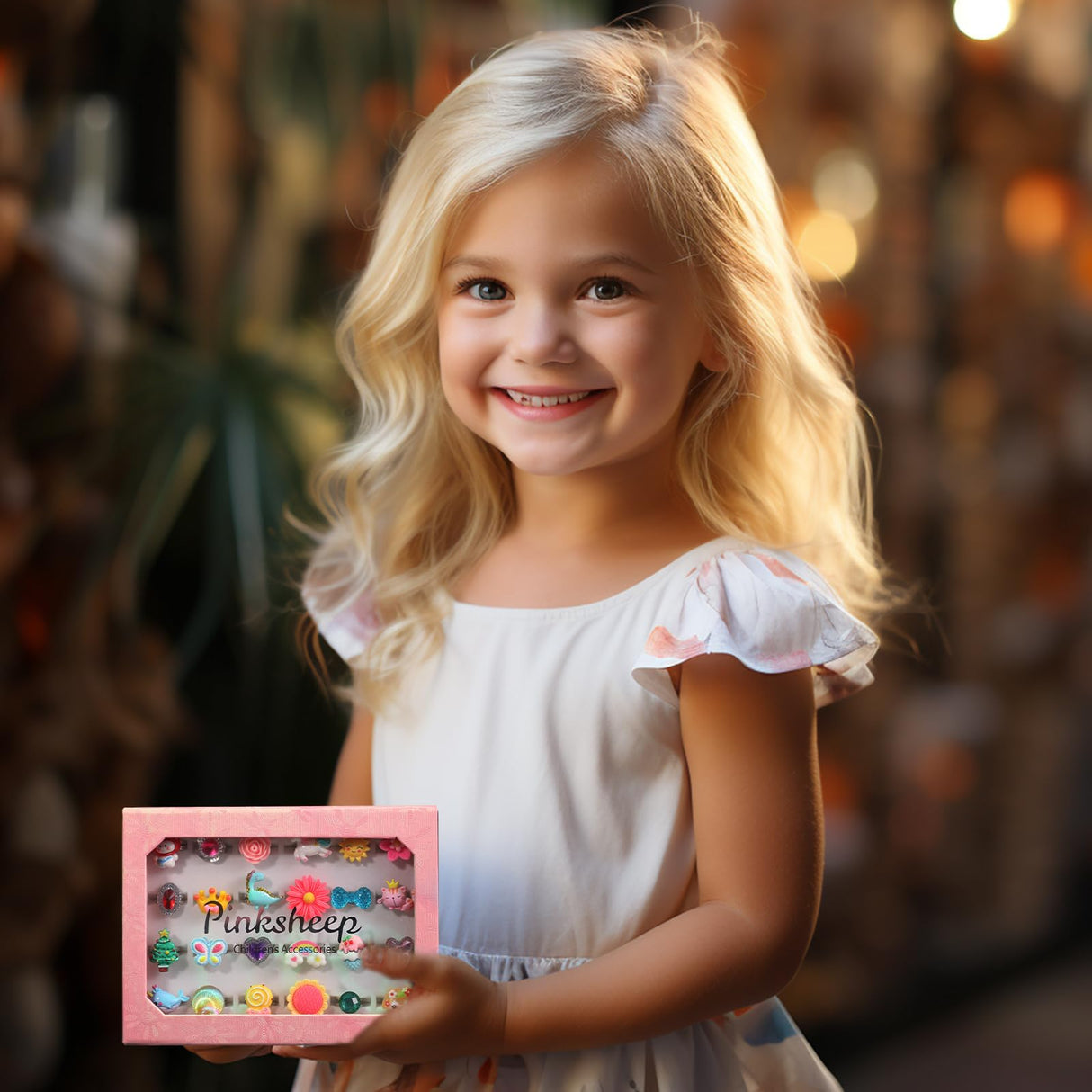 PinkSheep Little Girl Jewel Rings in Box, Adjustable, No Duplication, Girl Pretend Play and Dress Up Rings (24 Lovely Ring) PinkSheep
