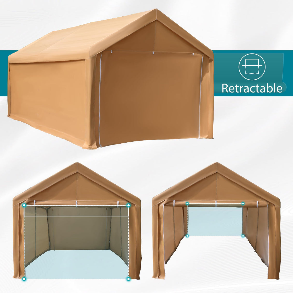 PHI VILLA 10x20 ft Heavy Duty Carport Car Canopy Garage Extra Storage Shelter Boat Party Tents Shed with Removable Sidewalls and Doors, Beige PHI VILLA