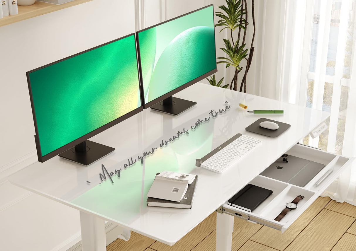 INNOVAR Glass Standing Desk with Drawers, 48×24 Inch Adjustable Stand Up Desk Quick Install Home Office Computer Desk, White INNOVAR