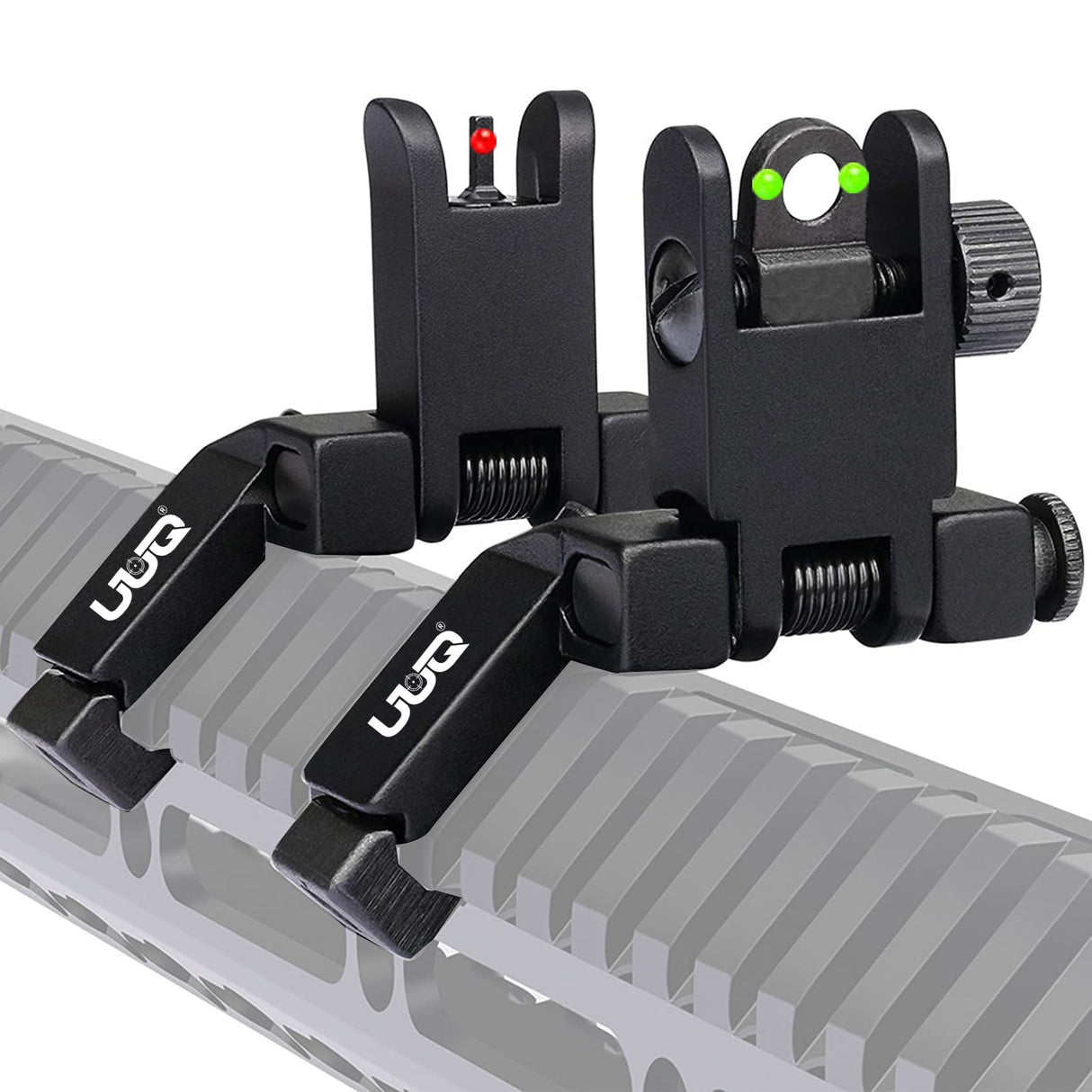 UUQ 45 Degree Offset Fiber Optic Iron Sights,Flip Up Front Rear Sites with Red&Green Dot,BUIS Backup Sight Set for Airsoft Gun, Tool-Free Adjustable UUQ