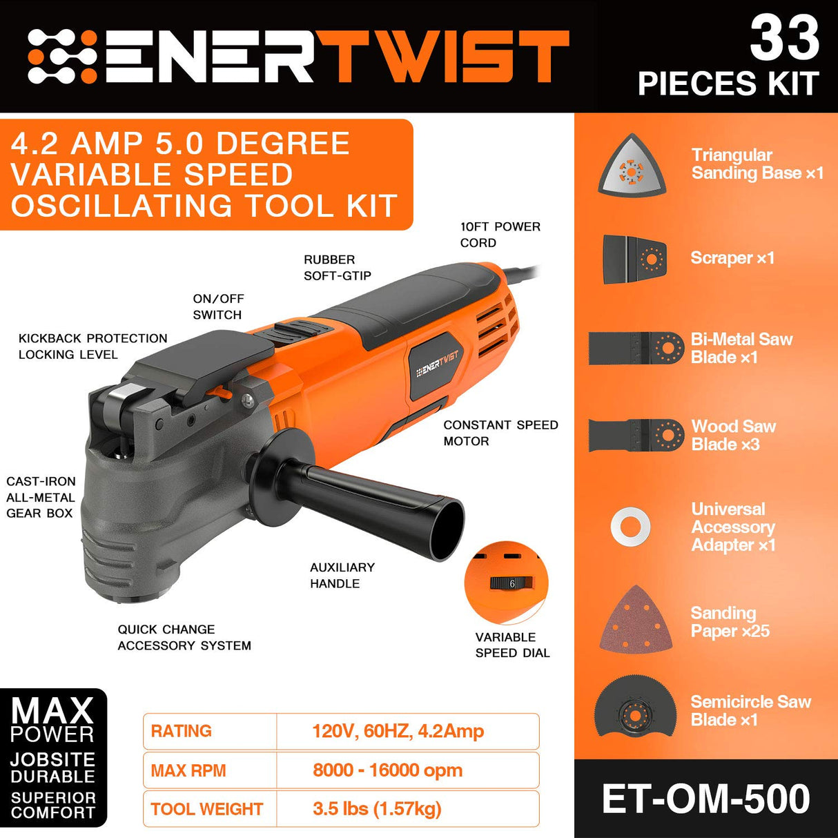 ENERTWIST Oscillating Tool, 4.2 Amp Oscillating Multitool Kit with 5° Oscillation Angle, 6 Variable Speed, 31pcs Saw Accessories, Auxiliary Handle ENERTWIST