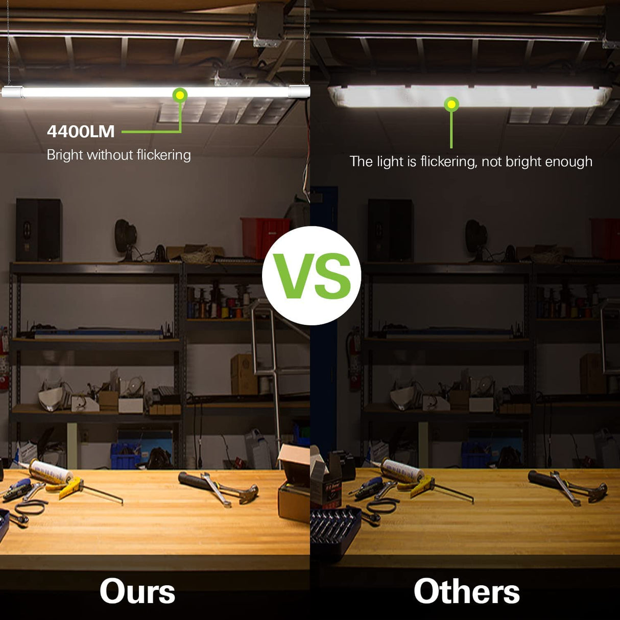 4 Pack 4FT LED Shop Light Linkable, 4400lm, 42w(250w Equivalent), 5000K Utility Shop Lights, Hanging or Flush Mount, with Power Cord and On/Off hykolity