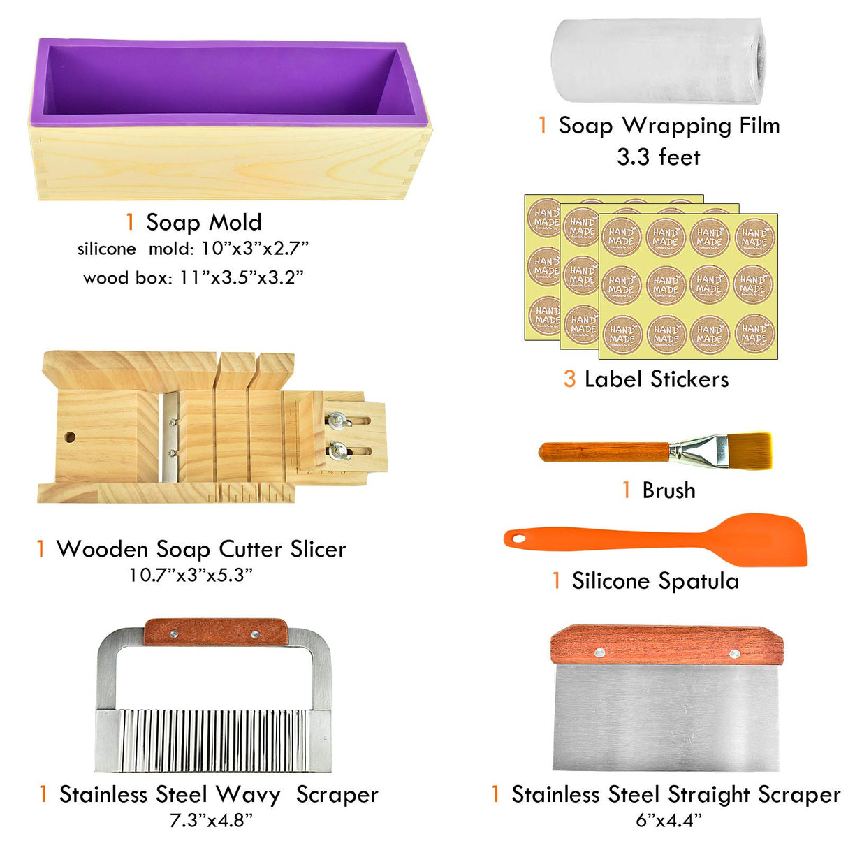 Artcome Loaf Soap Making Cutting Mold Kit Multi-Function Adjustable Wood Soap Mold Set - Rectangular Silicone Mold Set with Stainless Steel Wavy & Artcome