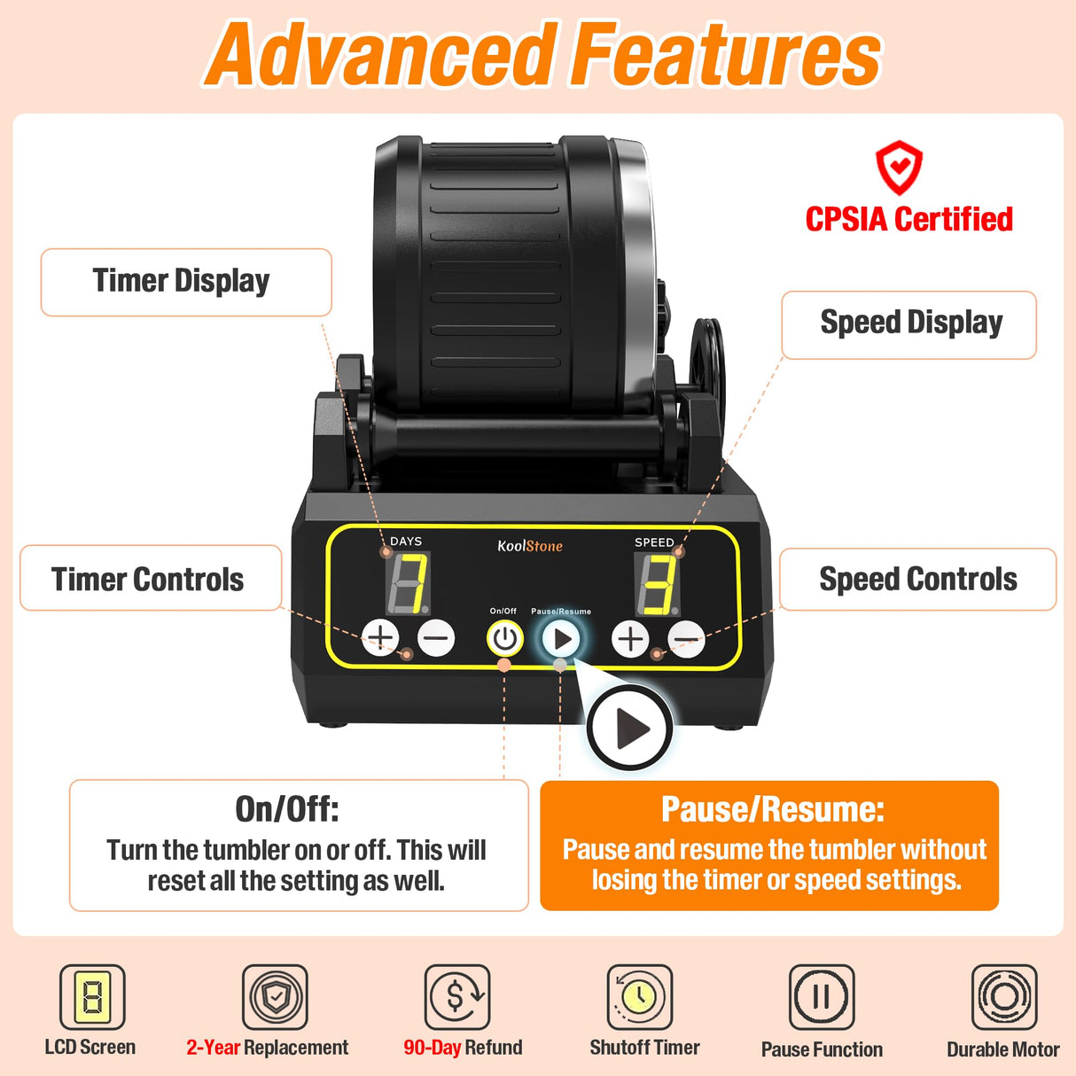 Large 2.5LB Professional Rock Tumbler Kit, 3-Speed Motor & 9-Day Timer, Rubber Barrel, Quiet Rotary Stone Polisher with 6 Belts, Rough Gemstones, 4 KoolStone