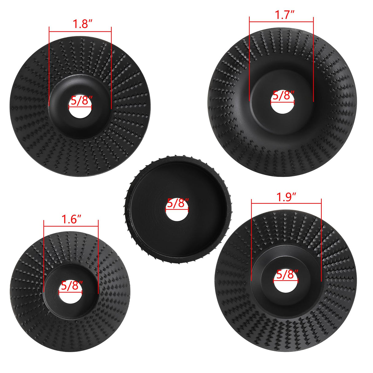 Hedume Set of 5 Angle Grinder Wood Carving Disc for 4" or 4 1/2" Attachments with 5/8 inch Arbor, Stump Tool Grinding Wheel Shaping, Wood Shaping Hedume