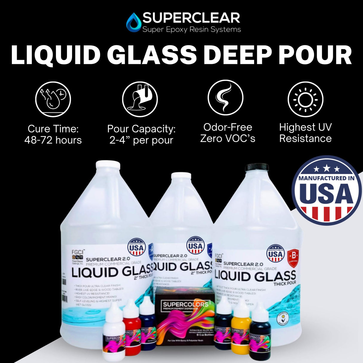 Deep Pour Epoxy Resin Kit Crystal Clear LIQUID GLASS®, SUPER COLORS PIGMENT Bundle 2-4 inch 3 GL Resin Kit - Self Leveling, Clear Resin Epoxy, Epoxy FGCI
