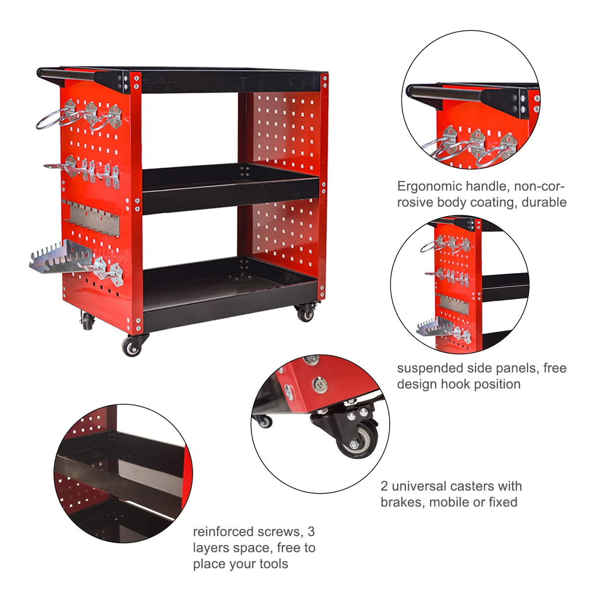 Youthua 3-Tier Rolling Tool Cart, Heavy Duty, 360 Degree Rotating Wheels, 14 Hooks, 300lbs Load Capacity, Red youthua
