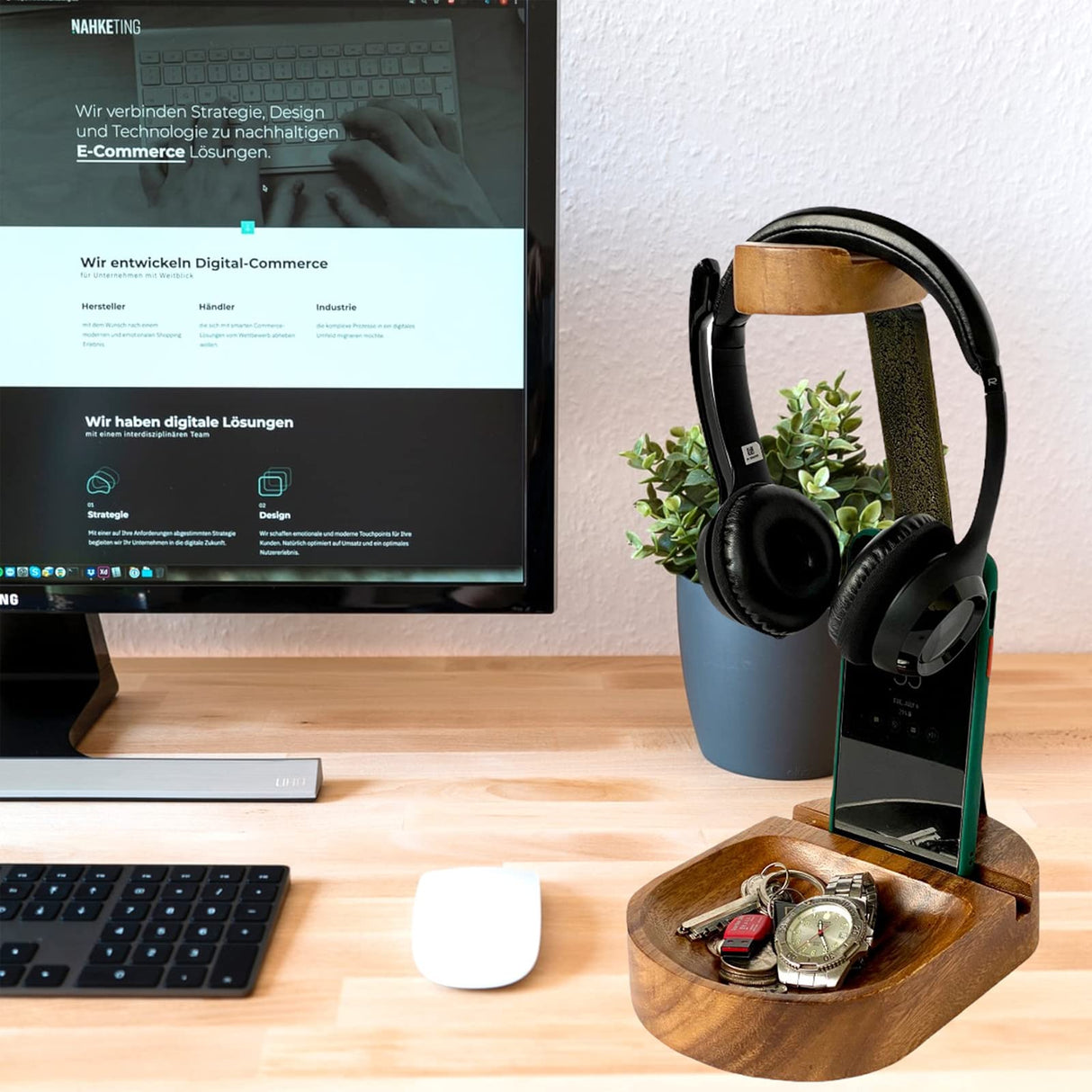 Wrightmart Wooden Headphone Stand, Universal Headset Holder, Desktop Earphone Hanger with Cell Phone Slot and Large Catch All Base, Made of Acacia WRIGHTMART