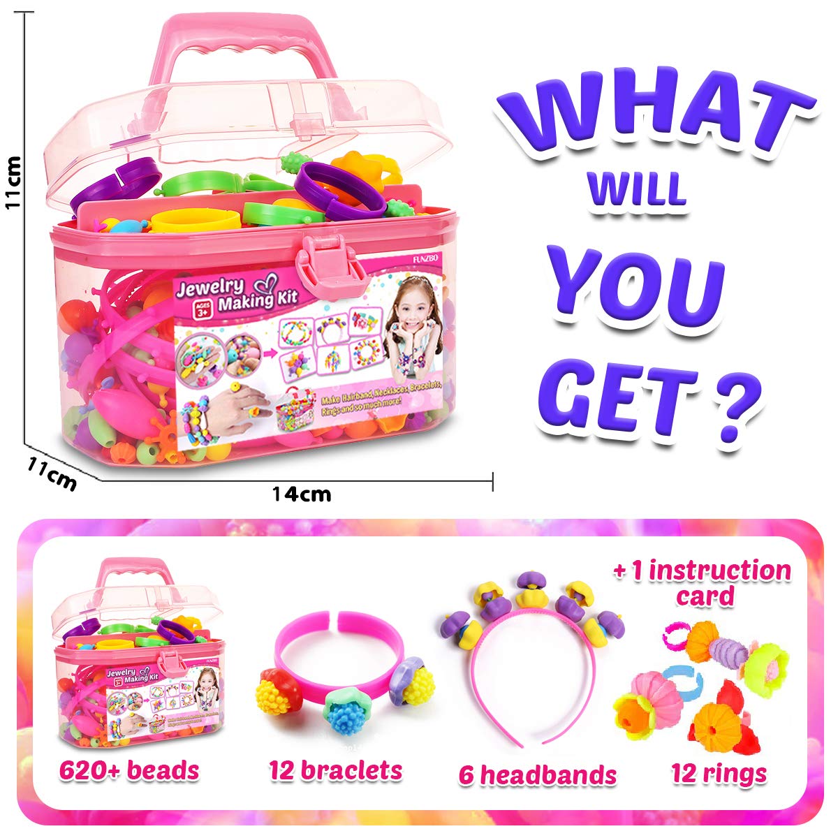 FUNZBO 620+ Snap Pop Beads Kit- Kids Jewelry Making Kit with Bracelets, Headbands & Rings, Arts and Crafts Kit, Crafts for Kids Ages 4-8, Crafts for FUNZBO