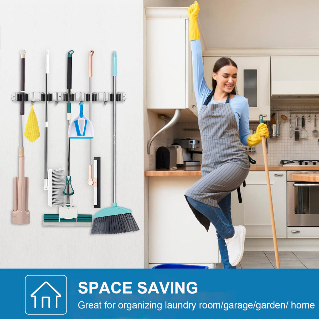 IMILLET 2 Pack Wall Mount Broom Holder Stainless Steel 5 Racks with 4 Hooks Broom Organizer Self Adhesive Heavy Duty Laundry Room, Garage IMILLET