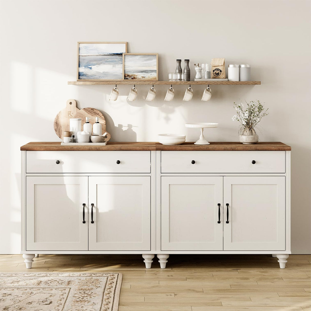 WAMAPT Buffet Cabinet with 4 Doors and 2 Drawers, Large Coffee Bar Tables Wood Kitchen Storage Cabinets with Storage Cabinets, Modern Farmhouse WAMPAT