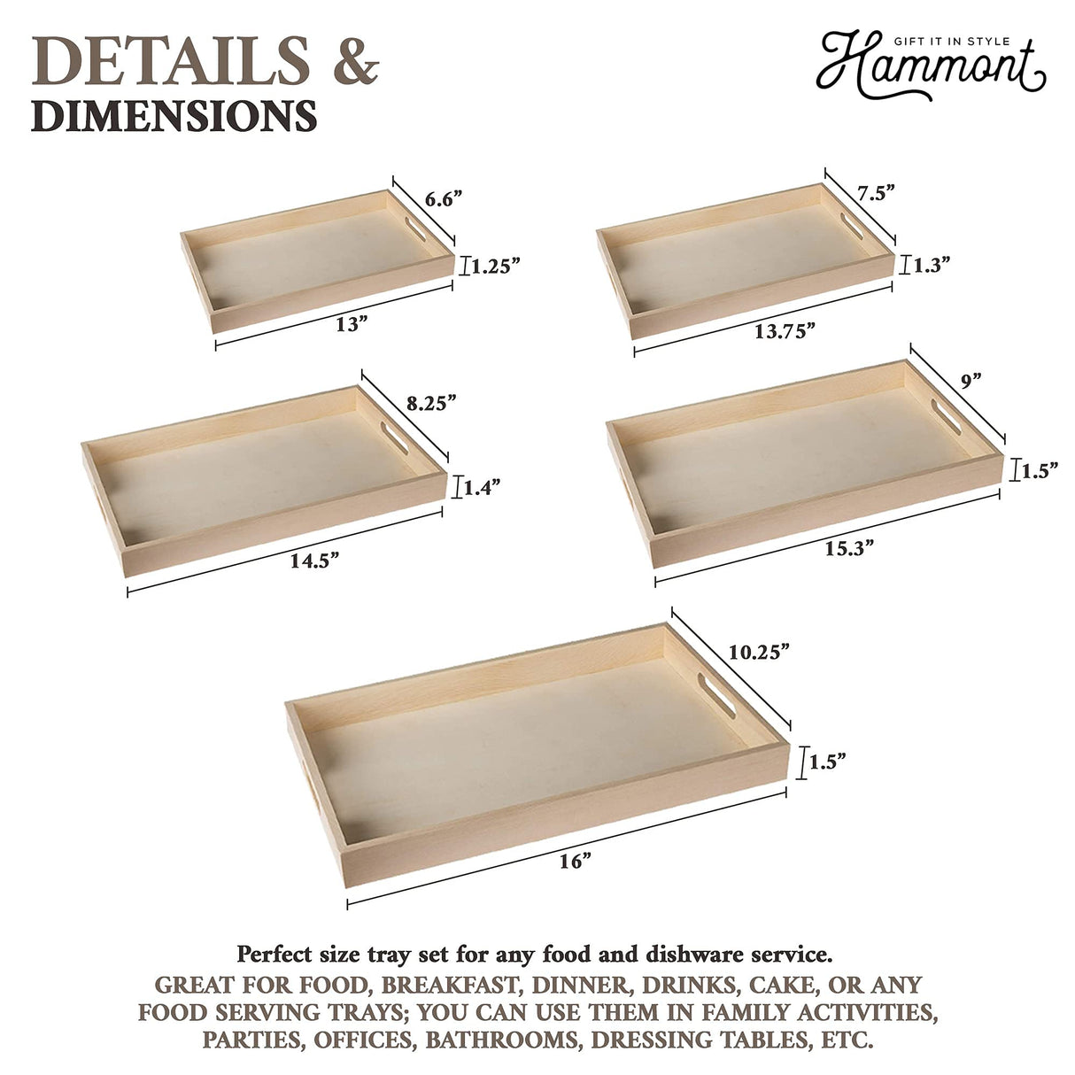 Wooden Serving Tray with Handles - Five Piece Nested Breakfast Tray - Wood Crafts Trays for Organizing | Bathroom Tray - Food Trays for Party Buffet Hammont