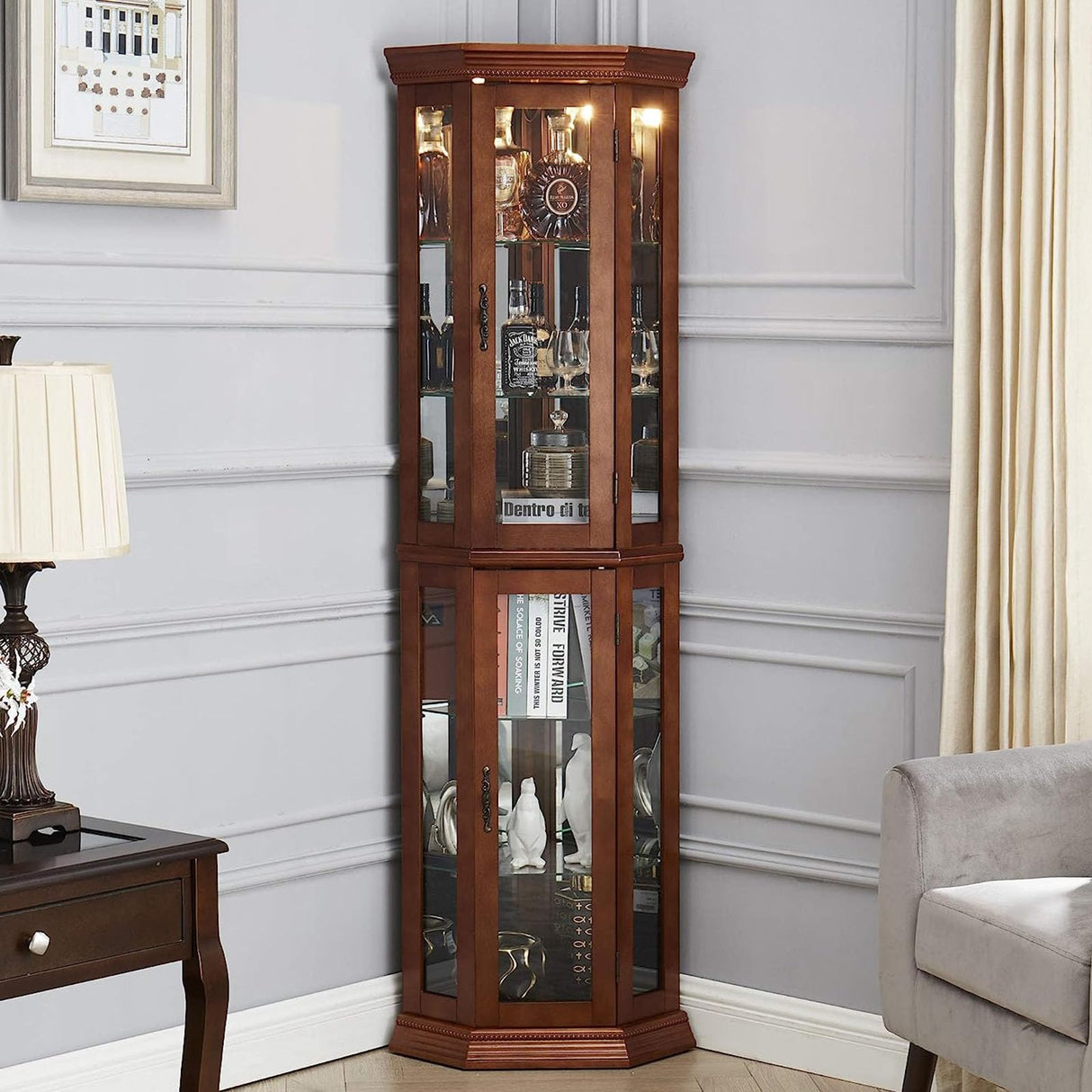 Hayiodda Corner Curio Glass Display Cabinet - Lighted Corner Curio China Cabinet with Mirrored Back, China Display Cabinet with Glass Doors and Hayiodda